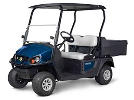 Blue EZ-GO 2Five 2 Passenger golf cart against a blank background.